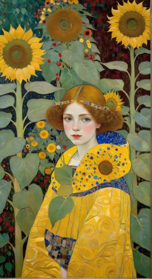 With Gustav Klimt's painting 'The Sunflower' in the background, a girl in a picturesque garden, Gustav Klimt 
,art_booster