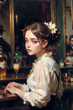 In a bustling Parisian bar with a female bartender and patrons engaged in lively conversations, with reflections of the barmaid and the surrounding atmosphere in the mirrors behind. Capturing the essence of Manet's 'A Bar at the Folies-Bergeres' ,
(masterpiece, top quality, best quality, official art, beautiful and aesthetic:1.2), extreme detailed, highest detailed, ,Masterpiece,Color Booster