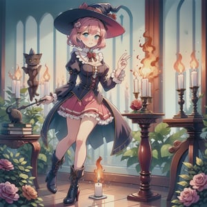 1girl, solo, looking at viewer, blush, short hair, bangs, blue eyes, skirt, long sleeves, hat, full body, pink hair, flower, boots, frills, puffy sleeves, indoors, black footwear, high heels, book, witch hat, rose, fire, red flower, high heel boots, pink skirt, witch, candle, book stack, cat, candlestand,CrclWc