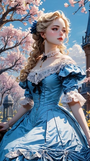A girl in the Victorian era, outdoor, blue sky, (masterpiece, top quality, best quality, official art, beautiful and aesthetic:1.2), (1girl:1.4), blonde hair, portrait, extreme detailed, highest detailed, springtime,colorful,victorian dress,hoopdress,