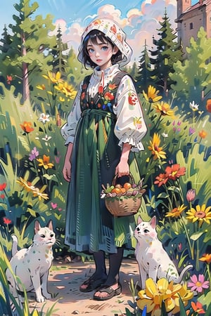 A medieval girl in traditional dress, vegetables and fruits, at a farmer's market, mysterious medieval, masterpiece,High detailed,CrclWc,Detail,watercolor,simplecats,polish dress