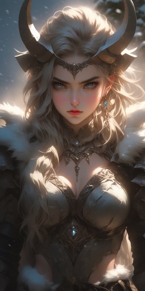 A fierce Norse female warrior wielding a battle axe in a snowy forest. (masterpiece, high quality, 8K, high_res:1.5), surreal picture, extremely detailed, 1girl, solo, long hair, looking at viewer, blue eyes, simple background, hair ornament, hair between eyes, jewelry, upper body, earrings, lips, fur trim, eyelashes, gem, tassel, portrait, beads, Yanjun Cheng style, hazy beauty, emo, (sharp eyes:1.4), (rebellious:1.4), (fierce:1.4), tight lips. Intricate earrings, dirty worn hardcore style, long boots, creating a magical style, high brightness and low color palette, masterpiece,portraitart,Leonardo Style,dark,dark moody atmosphere