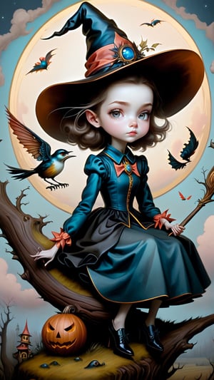 (masterpiece, top quality, best quality, official art, beautiful and aesthetic:1.2), (1girl:1.4), extreme detailed, A witch sitting on a broom, surreal, by mark ryden, in the style of esao andrews, ,BugCraft