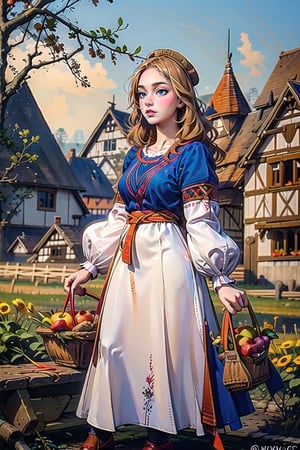 A medieval girl in traditional dress, vegetables and fruits, at a farmer's market, mysterious medieval, masterpiece,High detailed,CrclWc,Detail,Half-timbered Construction,INK art,ukrainian dress