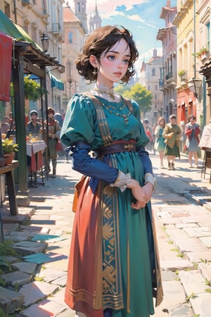 A medieval girl in traditional dress, in a town square, festival, medieval bacchanalia, mysterious medieval, masterpiece,High detailed,watercolor,edgRenaissance,wearing edgRenaissance, 