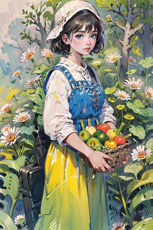 A medieval girl in traditional dress, vegetables and fruits, at a farmer's market, mysterious medieval, masterpiece,High detailed,watercolor,simplecats,swedish dress