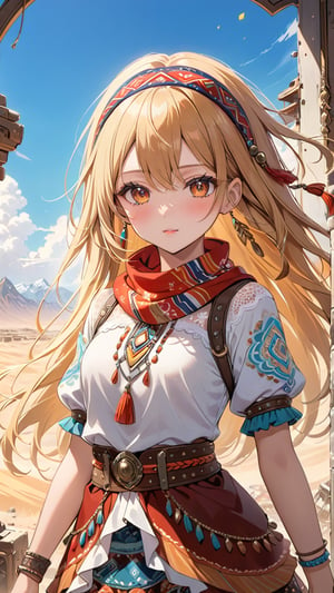 A stunning young woman dressed in Bohemian-style attire, (long straight hair:1.4), adorned with soft fabrics, white lace shirt, ethnic pattern prints layered skirt, bracelets, tassels, headbands, belts, and leather accents, exuding a free-spirited charm. (masterpiece, top quality, best quality, official art, beautiful and aesthetic:1.2), (1girl:1.4), blonde hair, portrait, extreme detailed, highest detailed, depth of field. full body shot, layered jewelry, headscarve, wasteland style,