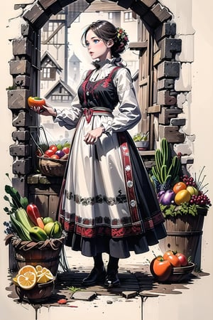 A medieval girl in traditional dress, vegetables and fruits, at a farmer's market, mysterious medieval, masterpiece,High detailed,CrclWc,Detail,Half-timbered Construction,polish dress,INK art