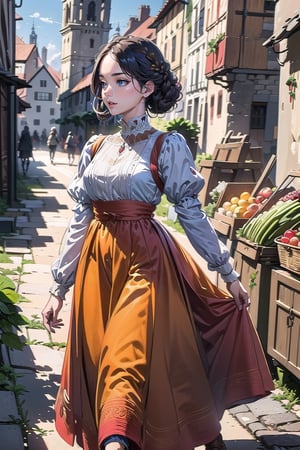 A medieval girl in traditional dress, vegetables and fruits, at a farmer's market, mysterious medieval, masterpiece,High detailed,CrclWc,Detail,Half-timbered Construction,INK art,edgRenaissance