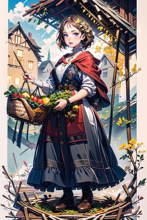 A medieval girl in traditional dress, vegetables and fruits, at a farmer's market, mysterious medieval, masterpiece,High detailed,CrclWc,Detail,Half-timbered Construction,INK art,swedish dress