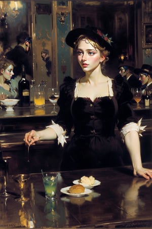 In a bustling Parisian bar with a bartender and patrons engaged in lively conversations, with reflections of the barmaid and the surrounding atmosphere in the mirrors behind. Capturing the essence of Manet's 'A Bar at the Folies-Bergeres'. 1girl,
Masterpiece,oil painting,High detailed,masterpiece,classic painting