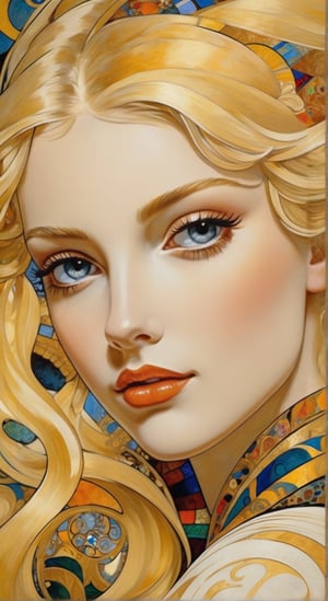 A beautiful girl, blonde hair, dynamic character, detailed exquisite face, bold high quality, high contrast, patchwork, vibrant colors, looking at viewer, by Gustav Klimt and Mucha 
and Caravaggio,art_booster,