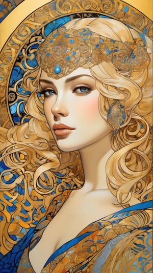 A beautiful girl, blonde hair, dynamic character, detailed exquisite face, bold high quality, high contrast, patchwork, vibrant colors, looking at viewer, complex background, intricate gold patterns, swirling motifs, (Gustav Klimt and Mucha and Caravaggio style artwork),art_booster,dal,Ink art