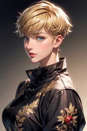 xtreme detailed, realistic, solo, official art, extremely detailed, extreme realistic, beautifully detailed eyes, detailed fine nose, detailed fingers, wearing gold embroidered jacket court uniform costume, high quality, beautiful high detailed blonde short hair
