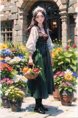 A medieval girl in traditional dress, vegetables and fruits, at a farmer's market, mysterious medieval, masterpiece,High detailed,watercolor,polish dress