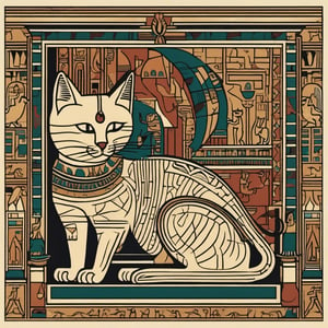 A cat on a mural in an Egyptian temple, color woodcut, hieroglyphics