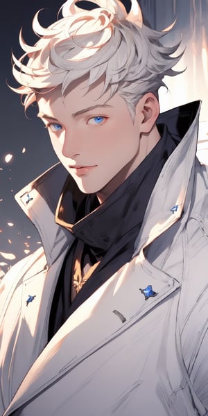 Extreme detailed,Realistic,solo,
official art, extremely detailed, Extreme Realistic,  Nordic beautiful teen boy,beautifully detailed eyes, detailed fine nose, detailed fingers,muscle body, wearing extremely detailed luxury male Prince Albert coat, high quality, beautiful high Detailed white short hair,vane /(granblue fantasy/)