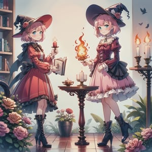 1girl, solo, looking at viewer, blush, short hair, bangs, blue eyes, skirt, long sleeves, hat, full body, pink hair, flower, boots, frills, puffy sleeves, indoors, black footwear, high heels, book, witch hat, rose, fire, red flower, high heel boots, pink skirt, witch, candle, book stack, cat, candlestand,CrclWc,white background