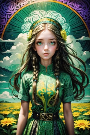 A girl with long hair and some flowers and clouds in the style of Edward Tingatinga, in a whimsical folk art style with vivid colors.,viking,DonML34f