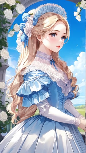 A girl in the Victorian era, outdoor, blue sky, (masterpiece, top quality, best quality, official art, beautiful and aesthetic:1.2), (1girl:1.4), blonde hair, portrait, extreme detailed, highest detailed, springtime is in full swing,colorful,victorian dress,hoopdress