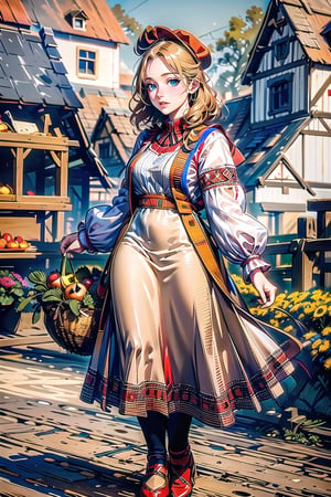 A medieval girl in traditional dress, vegetables and fruits, at a farmer's market, mysterious medieval, masterpiece,High detailed,CrclWc,Detail,Half-timbered Construction,INK art,ukrainian dress