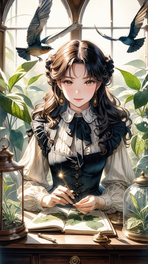 (masterpiece, top quality, best quality, official art, beautiful and aesthetic:1.2), (1girl:1.4), extreme detailed, A Victorian-era female naturalist, carefully examines specimens in her hands in a sunlit large greenhouse. Her expression reflects a blend of fascination and scholarly focus as she documents the intricacies of the natural world.,watercolor \(medium\),