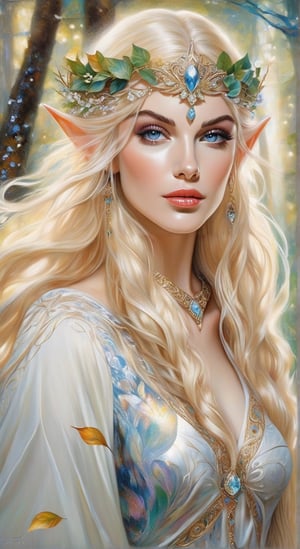 A beautiful elven princess with flowing hair and elegant robes, surrounded by enchanted forests and shimmering light. Blonde hair, forehead necklace, noble and elegant, detailed exquisite face, bold high quality, high contrast, vibrant colors, by Gustav Klimt and (karol bak),art_booster,DonMS4kur4XL