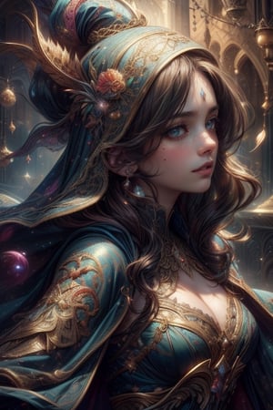 (masterpiece, top quality, best quality, official art, beautiful and aesthetic:1.2), (1girl:1.4), upper body, brown hair, portrait, extreme detailed, highest detailed, dynamic pose, head to thigh, (beautiful witch with wavy hair), dark green cloak, cape, (medieval fantasy), (Baghdad bazaar), herbs, crystals, spices, potions, streets, (close up shot, face focused),DonMD3m0nV31ns,DonMF41ryW1ng5