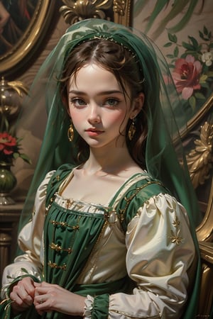 1 girl, in the style of green and white, Renaissance beauty, by Raphael, Color Booster,masterpiece,oil painting,classic painting,High detailed,More Detail,edgRenaissance,wearing edgRenaissance