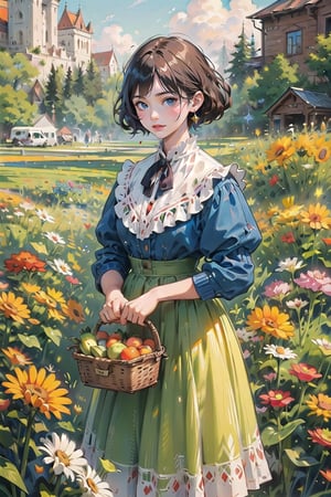 A medieval girl in traditional dress, vegetables and fruits, at a farmer's market, mysterious medieval, masterpiece,High detailed,CrclWc,Detail,watercolor,simplecats,victorian dress