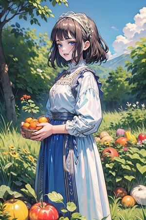 A medieval girl in traditional dress, vegetables and fruits, at a farmer's market, mysterious medieval, masterpiece,High detailed,watercolor,edgRenaissance,simplecats