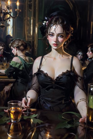 In a bustling Parisian bar with a bartender and patrons engaged in lively conversations, with reflections of the barmaid and the surrounding atmosphere in the mirrors behind. Capturing the essence of Manet's 'A Bar at the Folies-Bergeres'.
Masterpiece,oil painting,High detailed,masterpiece,classic painting