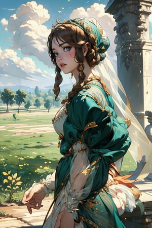 1 girl of the meadow, landscape, Renaissance beauty, by Raphael, masterpiece,renaissance,edgRenaissance,wearing edgRenaissance,1 girl