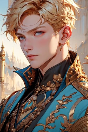1 man, outdoor, sky, extreme detailed, realistic, solo, official art, extremely detailed, extreme realistic, beautifully detailed eyes, detailed fine nose, detailed fingers, wearing gold embroidered jacket court uniform costume, high quality, beautiful high detailed blonde short hair. art Nouveau,ragnaroklordkn,cute blond boy,vane /(granblue fantasy/),wrenchftmfshn,DonMSt34mP