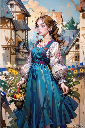 A medieval girl in traditional dress, vegetables and fruits, at a farmer's market, mysterious medieval, masterpiece,High detailed,CrclWc,Detail,Half-timbered Construction,INK art,ukrainian dress