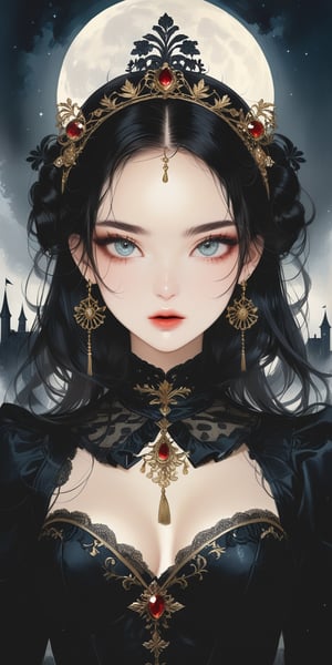 Elegantism, opulent scene, full portrait of a Victorian lady, heroic, black clothes, gold trim, full moon, castle. (masterpiece, high quality, 8K, high_res:1.5), surreal picture, extremely detailed, 1girl, solo, long hair, looking at viewer, blue eyes, simple background, hair ornament, hair between eyes, jewelry, upper body, earrings, lips, fur trim, eyelashes, gem, tassel, portrait, beads, Yanjun Cheng style, hazy beauty, emo, (sharp eyes:1.4), (rebellious:1.4), (fierce:1.4), tight lips. Intricate earrings, dirty worn hardcore style, long boots, creating a magical style, high brightness and low color palette, masterpiece,portraitart,Leonardo Style,dark,dark moody atmosphere