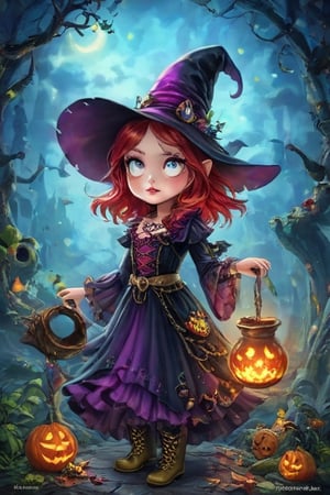 A witch. Digital painting, ultra-detailed, cinematic, masterpiece, beautiful and aesthetic, vibrant color, exquisite details and textures, Warm tone, ultra realistic illustration, (cute girl, 3year old:1.5), cute eyes, big eyes, (a sullen look:1.2), 16K, (HDR:1.4), high contrast, bokeh:1.2, lens flare, siena natural ratio, children's (1girl, whimsical cute young witch, full body shot, red lips, smokey makeup, ral-vltne, elaborate witch outfit, elaborate witch hat, dress of vibrant colors, golds, reds, purples, lace up victorian boots on her feet. cats, potions, cauldron, elaborate witch lair, unreal, mystical, luminous, surreal, high resolution, sharp details, in 8k resolution), ultra hd, realistic, vivid colors, highly detailed, UHD drawing, perfect composition, beautiful detailed intricate insanely detailed octane render trending on artstation, 8k artistic photography, photorealistic concept art, soft natural volumetric cinematic perfect light, .chibi,Xxmix_Catecat,Tim Burton Style,(PnMakeEnh)