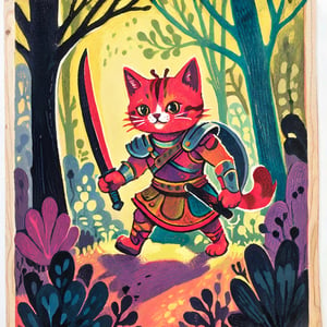 colorful woodcut printmaking, a cat gladiator,