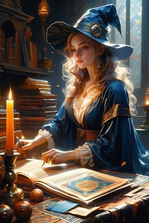(masterpiece, top quality, best quality, official art, beautiful and aesthetic:1.2), A witch engrossed in the study of magic, a magic array glowing on the pages of a spellbook, (dimly lit workshop:1.2), witch robe, witch hat, portrait, extreme detailed, highest detailed, simple background, 16k, high resolution, perfect dynamic composition, (sharp focus:1.2), super wide angle, high angle, high color contrast, medium shot, depth of field, blurry background,DonMM4g1cXL 