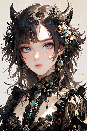 1girl, solo, long hair, looking at viewer, blue eyes, simple background, hair ornament, hair between eyes, jewelry, upper body, earrings, lips, fur trim, eyelashes, gem, tassel, portrait, beads, Yanjun Cheng style, hazy beauty, emo, (sharp eyes:1.4), (rebellious:1.4), (fierce:1.4), tight lips. Intricate earrings, dirty worn hardcore style, long boots, creating a magical style, high brightness and low color palette, masterpiece,dark,emo,glitter
