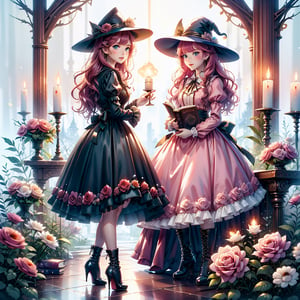 1 witch girl, solo, looking at viewer, blush, short hair, bangs, blue eyes, skirt, long sleeves, hat, full body, pink hair, flower, boots, frills, puffy sleeves, indoors, black footwear, high heels, book, witch hat, rose, red flower, high heel boots, pink skirt, book stack, cat, candles,CrclWc,Long hair ,cartoon,EpicArt,pastel,1girl,one girl,white background