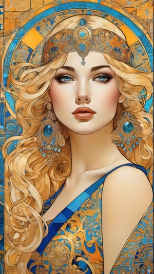 A beautiful girl, blonde hair, dynamic character, detailed exquisite face, bold high quality, high contrast, patchwork, vibrant colors, looking at viewer, complex background, intricate gold patterns, swirling motifs, (Gustav Klimt and Mucha and Tetyana Erhart style artwork),art_booster,dal,Ink art