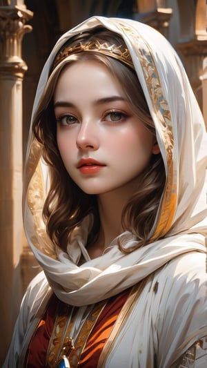 A Byzantine style girl in monastery, white head-cloths and veils. (masterpiece, top quality, best quality, official art, beautiful and aesthetic:1.2), (1girl:1.4), portrait, extreme detailed, highest detailed, simple background, 16k, high resolution, perfect dynamic composition, bokeh, (sharp focus:1.2), super wide angle, high angle, high color contrast, medium shot, depth of field, blurry background, by Leonardo da Vinci