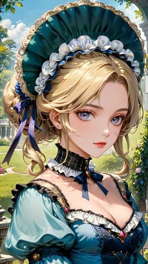 A girl in the Victorian era, outdoor, (masterpiece, top quality, best quality, official art, beautiful and aesthetic:1.2), (1girl:1.4), blonde hair, portrait, extreme detailed, highest detailed, colorful, ruff, puff, mantelet, bonnet, hoopdress