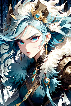 A fierce Norse female warrior wielding a battle axe in a snowy forest. 1girl, solo, powerful long hair, looking at viewer, blue eyes, simple background, hair ornament, hair between eyes, jewelry, upper body, earrings, lips, fur trim, eyelashes, gem, tassel, portrait, beads, Yanjun Cheng style, hazy beauty, emo,  frowning, angry, sharp eyes, rebellious, fierce, tight lips. Intricate earrings, dirty worn hardcore style, long boots, creating a magical style, high brightness and low color palette, masterpiece,Decora_SWstyle,ct-niji2,niji6,NIJI STYLE