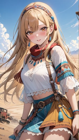 A stunning young woman dressed in Bohemian-style attire, (long straight hair:1.4), adorned with soft fabrics, white lace shirt, ethnic pattern prints layered skirt, bracelets, tassels, headbands, belts, and leather accents, exuding a free-spirited charm. (masterpiece, top quality, best quality, official art, beautiful and aesthetic:1.2), (1girl:1.4), blonde hair, portrait, extreme detailed, highest detailed, depth of field. full body shot, layered jewelry, headscarve, wasteland style,