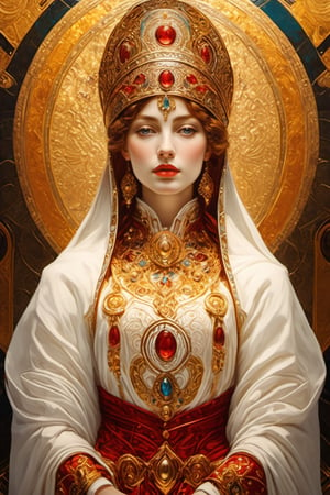 A Byzantine style priestess, red and white clothes, gold details. head to thigh, (masterpiece, top quality, best quality, official art, beautiful and aesthetic:1.2), (1girl:1.4), portrait, extreme detailed, highest detailed, simple background, 16k, high resolution, perfect dynamic composition, (sharp focus:1.2), super wide angle, high angle, high color contrast, medium shot, depth of field, blurry background, head to thigh, by Gustav Klimt and Mucha and Caravaggio