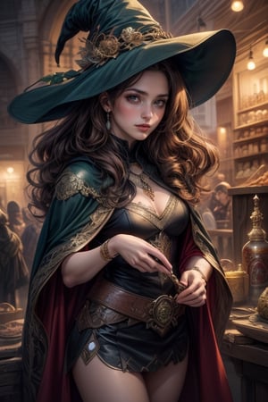 (masterpiece, top quality, best quality, official art, beautiful and aesthetic:1.2), (1girl:1.4), upper body, brown hair, portrait, extreme detailed, highest detailed, dynamic pose, head to thigh, (beautiful witch with wavy hair), dark green cloak, cape, (medieval fantasy), (Baghdad bazaar), herbs, crystals, spices, potions, streets, 