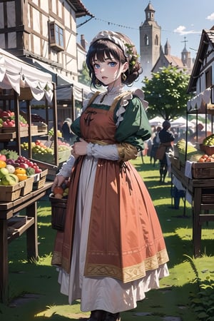 A medieval girl in traditional dress, vegetables and fruits, at a farmer's market, mysterious medieval, masterpiece,High detailed,CrclWc,edgRenaissance,wearing edgRenaissance,Detail,Half-timbered Construction
