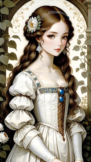 A protrait, resplendent ornate girl in the garden, wearing white taffeta dress, by Leonardo da Vinci,more detail XL,